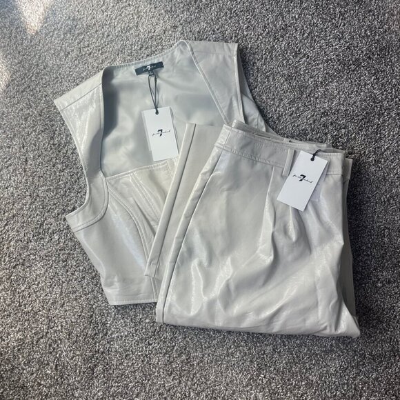 NWT 7 For All Mankind Vegan Leather Corset Vest Wide Leg Pant Set Beige Gray, L - Picture 2 of 10